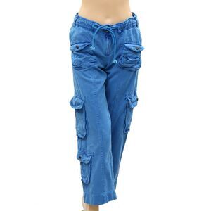 Free People Cargo Trousers Pants Low-Rise Denim Blue Smocked Cotton S 287250